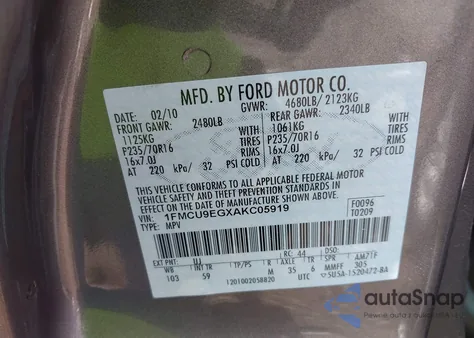 2010 Ford Escape Limited z USA, uszkodzony, nr VIN 1FMCU9EGXAKC05919